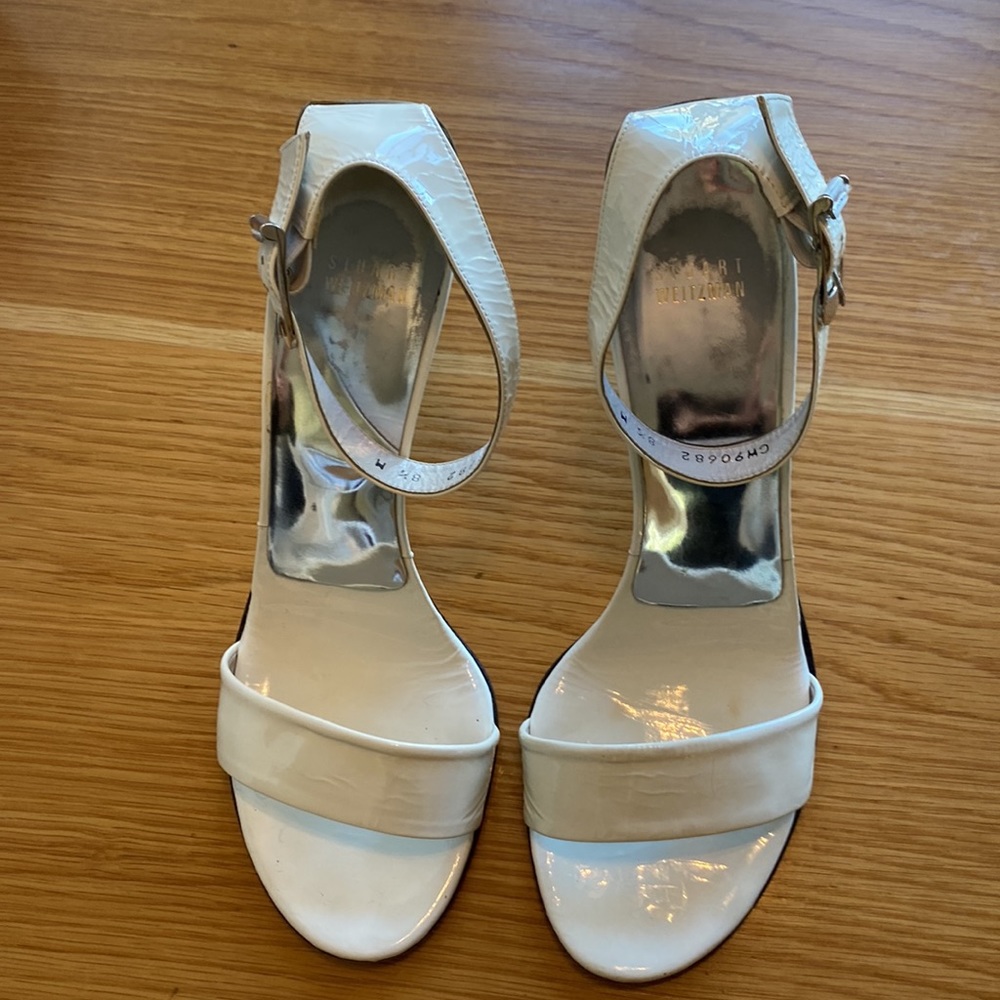 STUART WEITZMAN High Heel Patent White & Silver Ankle Strap Sandals Sz 8-1/2M - Picture 2 of 13